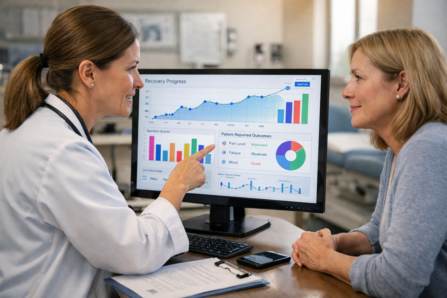 Patient and doctor reviewing patient-reported outcome surveys